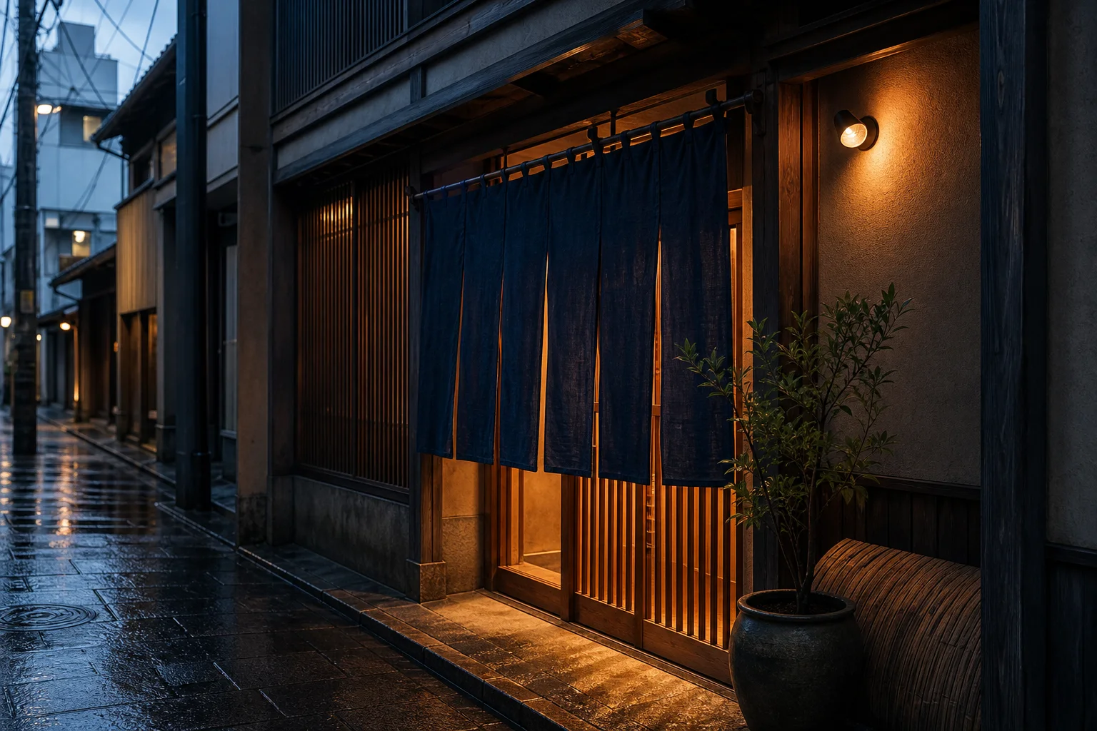 夕暮れの路地に佇む飲食店の外観